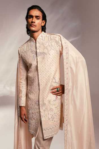 Paarsh_Pink Raw Silk, Silk, Cotton The Vivaah Embroidered Sherwani Set _Online_at_Aza_Fashions