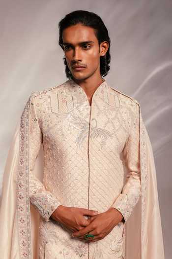 Buy_Paarsh_Pink Raw Silk, Silk, Cotton The Vivaah Embroidered Sherwani Set _Online_at_Aza_Fashions
