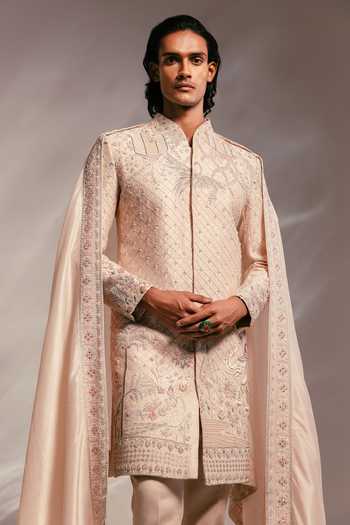 Shop_Paarsh_Pink Raw Silk, Silk, Cotton The Vivaah Embroidered Sherwani Set _Online_at_Aza_Fashions