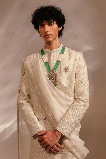 Paarsh_Ivory Silk, Bemberg, Cotton, Organza The Pearl Citadel Sherwani Set _Online_at_Aza_Fashions