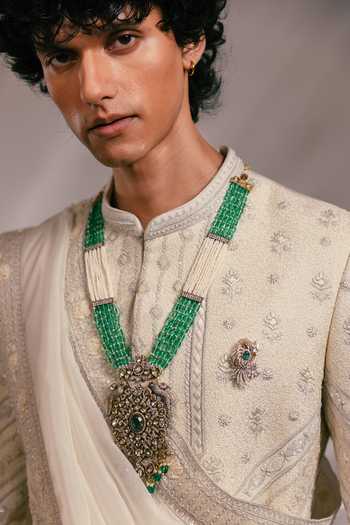 Buy_Paarsh_Ivory Silk, Bemberg, Cotton, Organza The Pearl Citadel Sherwani Set _Online_at_Aza_Fashions