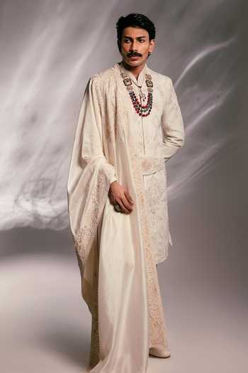 Paarsh_Ivory Silk, Bemberg, Cotton, Organza The Blush Meadow Embroidered Sherwani Set _Online_at_Aza_Fashions