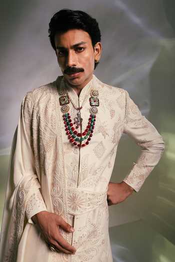 Buy_Paarsh_Ivory Silk, Bemberg, Cotton, Organza The Blush Meadow Embroidered Sherwani Set _Online_at_Aza_Fashions