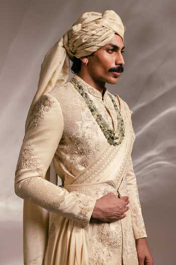 Paarsh Beige Satin, Linen, Cotton, The Valli Heritage Zardozi Sherwani Set With Dupatta Online at Aza Fashions Paarsh_Beige Satin, Linen, Cotton, The Valli Heritage Zardozi Sherwani Set With Dupatta _Online_at_Aza_Fashions