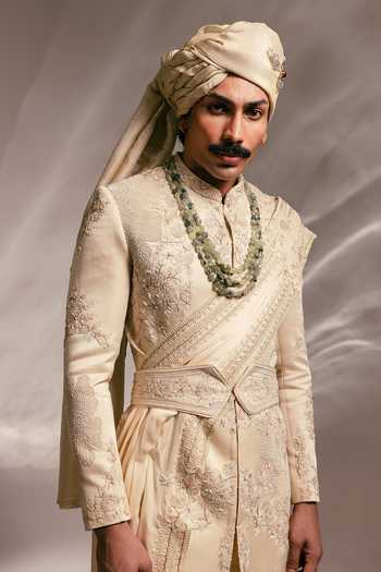 Buy Paarsh Beige Satin, Linen, Cotton, The Valli Heritage Zardozi Sherwani Set With Dupatta Online at Aza Fashions Buy_Paarsh_Beige Satin, Linen, Cotton, The Valli Heritage Zardozi Sherwani Set With Dupatta _Online_at_Aza_Fashions