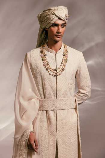 Paarsh_Pink Georgette, Silk, Cotton, Organza The Silent Ivory Embellished Sherwani Set _Online_at_Aza_Fashions