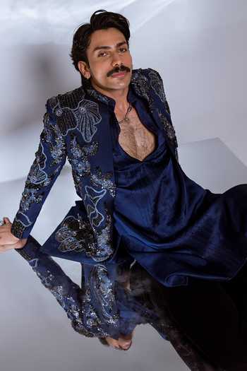 Paarsh_Blue Satin, Linen, Cotton Zale Me Zardozi Embellished Achkan Set _Online_at_Aza_Fashions