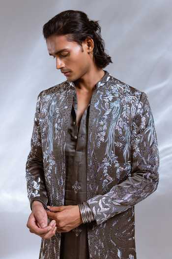 Paarsh_Grey Raw Silk, Cotton, Linen, Satin Embroidered Achkan Set _Online_at_Aza_Fashions