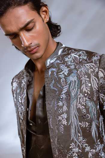 Buy_Paarsh_Grey Raw Silk, Cotton, Linen, Satin Embroidered Achkan Set _Online_at_Aza_Fashions