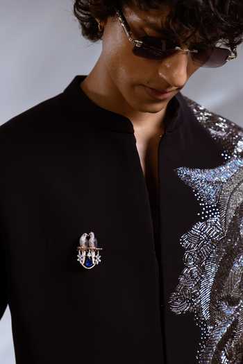 Paarsh_Blue Suiting Rex Gunmetal Embroidered Achkan And Pant Set _Online_at_Aza_Fashions