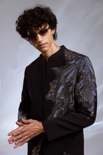 Buy_Paarsh_Blue Suiting Rex Gunmetal Embroidered Achkan And Pant Set _Online_at_Aza_Fashions