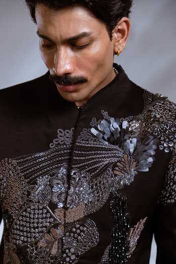 Paarsh_Black Satin, Linen, Cotton Elmer Achkan And Pant Set _Online_at_Aza_Fashions