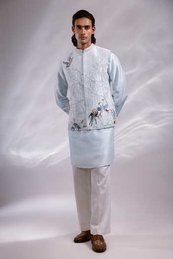 Paarsh_Blue Silk, Bemberg, Cotton Aarin Embroidered Nehru Jacket Set _Online_at_Aza_Fashions