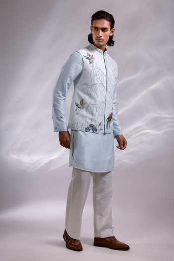 Buy_Paarsh_Blue Silk, Bemberg, Cotton Aarin Embroidered Nehru Jacket Set _Online_at_Aza_Fashions