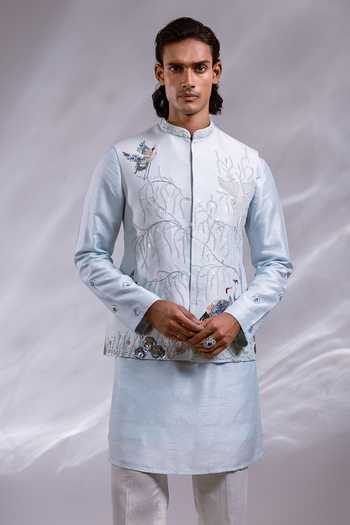 Shop_Paarsh_Blue Silk, Bemberg, Cotton Aarin Embroidered Nehru Jacket Set _Online_at_Aza_Fashions