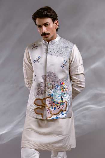 Paarsh_Grey Raw Silk, Cotton Elie Satin Nehru Jacket Set _Online_at_Aza_Fashions