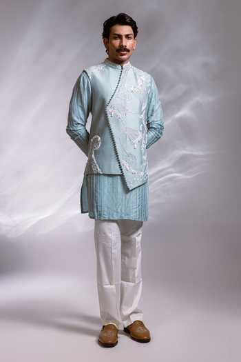 Paarsh_Blue Chanderi, Silk, Bemberg, Cotton Ezra Embroidered Nehru Jacket Set _Online_at_Aza_Fashions