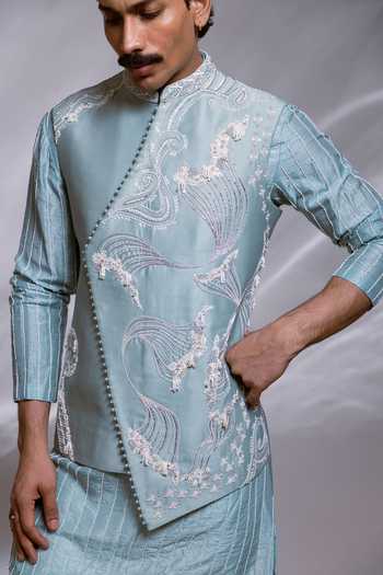 Buy_Paarsh_Blue Chanderi, Silk, Bemberg, Cotton Ezra Embroidered Nehru Jacket Set _Online_at_Aza_Fashions