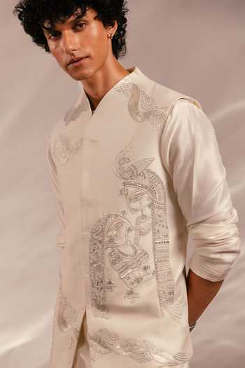 Paarsh Ivory Silk, Bemberg, Cotton Vasu Nehru Jacket Set Online at Aza Fashions Paarsh_Ivory Silk, Bemberg, Cotton Vasu Nehru Jacket Set _Online_at_Aza_Fashions