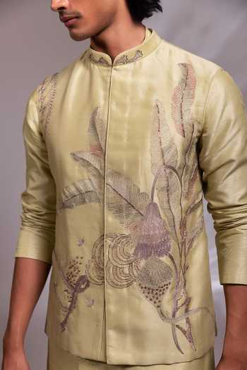 Paarsh_Green Chanderi, Silk, Bemberg, Cotton Sage Embroidered Nehru Jacket Set _Online_at_Aza_Fashions