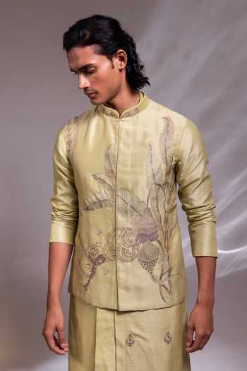 Buy_Paarsh_Green Chanderi, Silk, Bemberg, Cotton Sage Embroidered Nehru Jacket Set _Online_at_Aza_Fashions