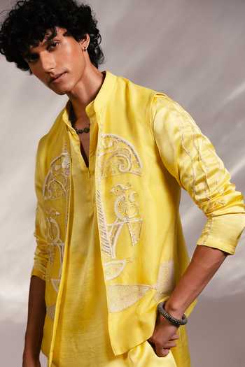 Paarsh_Yellow Organza, Chanderi, Linen, Satin, Cotton Tiya Embroidered Nehru Jacket Set _Online_at_Aza_Fashions