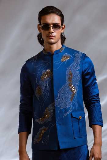 Paarsh_Blue Cotton, Linen, Satin Ivo Embroidered Nehru Jacket Set _Online_at_Aza_Fashions