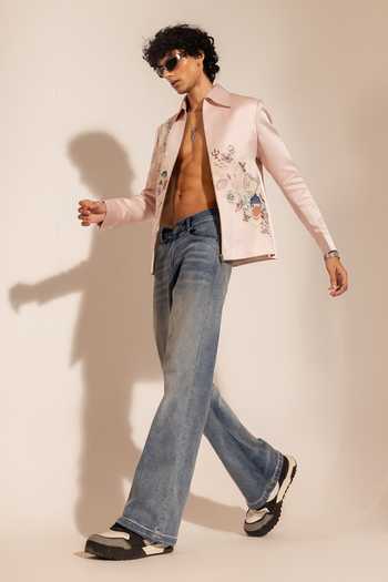 Paarsh_Purple Satin, Courtly Charm Embroidered Jacket With Zip Closure Broad Collar _Online_at_Aza_Fashions