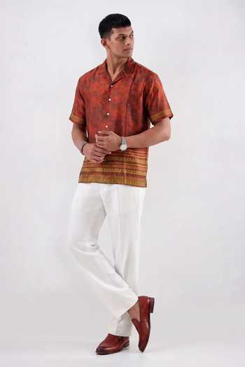 Raw & Rustic By Niti Bothra Maroon Silk, Chanderi Heritage Cuban Collar Shirt Online at Aza Fashions Raw & Rustic By Niti Bothra_Maroon Silk, Chanderi Heritage Cuban Collar Shirt _Online_at_Aza_Fashions