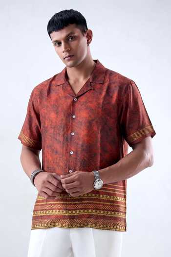 Buy Raw & Rustic By Niti Bothra Maroon Silk, Chanderi Heritage Cuban Collar Shirt Online at Aza Fashions Buy_Raw & Rustic By Niti Bothra_Maroon Silk, Chanderi Heritage Cuban Collar Shirt _Online_at_Aza_Fashions