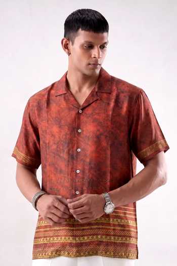 Shop Raw & Rustic By Niti Bothra Maroon Silk, Chanderi Heritage Cuban Collar Shirt Online at Aza Fashions Shop_Raw & Rustic By Niti Bothra_Maroon Silk, Chanderi Heritage Cuban Collar Shirt _Online_at_Aza_Fashions