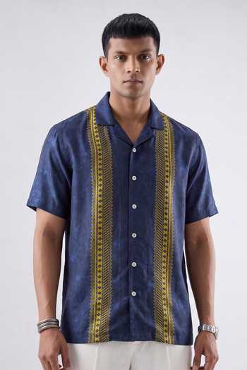 Raw & Rustic By Niti Bothra Blue Linear Silk Cuban Collar Shirt 
