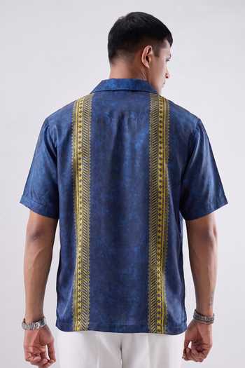 Raw & Rustic By Niti Bothra Blue Linear Silk Cuban Collar Shirt 