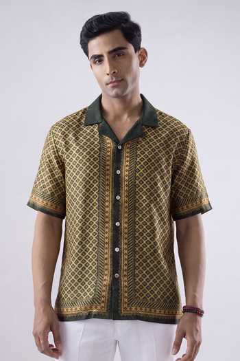 Raw & Rustic By Niti Bothra Olive Green Silk, Chanderi Mosaic Print Shirt Online at Aza Fashions Raw & Rustic By Niti Bothra_Olive Green Silk, Chanderi Mosaic Print Shirt _Online_at_Aza_Fashions