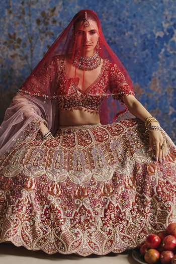 Show Shaa_Pink Chanderi, Net V-neck Khwaab Embroidered Bridal Lehenga Set _Online_at_Aza_Fashions