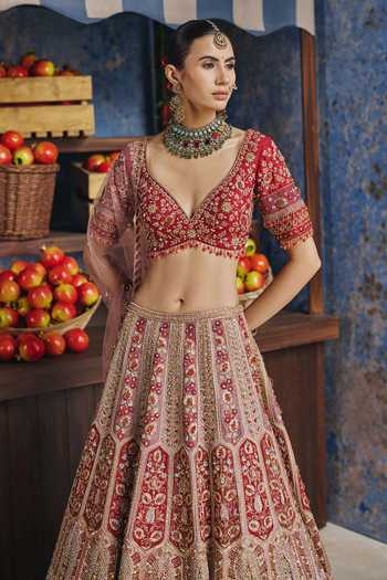 Buy_Show Shaa_Pink Chanderi, Net V-neck Khwaab Embroidered Bridal Lehenga Set _Online_at_Aza_Fashions