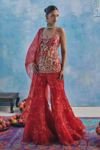 Show Shaa_Red Organza, Chanderi Scoop Neck Zohra Embroidered Kurta Gharara Set _Online_at_Aza_Fashions