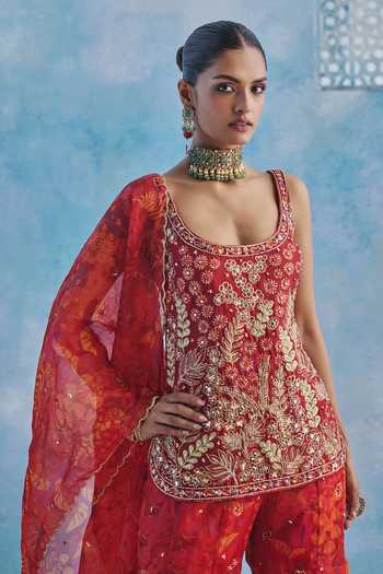 Buy_Show Shaa_Red Organza, Chanderi Scoop Neck Zohra Embroidered Kurta Gharara Set _Online_at_Aza_Fashions