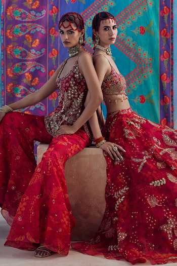 Shop_Show Shaa_Red Organza, Chanderi Scoop Neck Zohra Embroidered Kurta Gharara Set _Online_at_Aza_Fashions