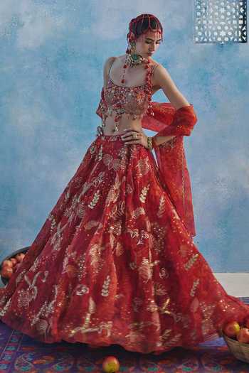 Show Shaa Red Organza, Chanderi Round Neck Rani Bagh Printed Lehenga Set Online at Aza Fashions Show Shaa_Red Organza, Chanderi Round Neck Rani Bagh Printed Lehenga Set _Online_at_Aza_Fashions