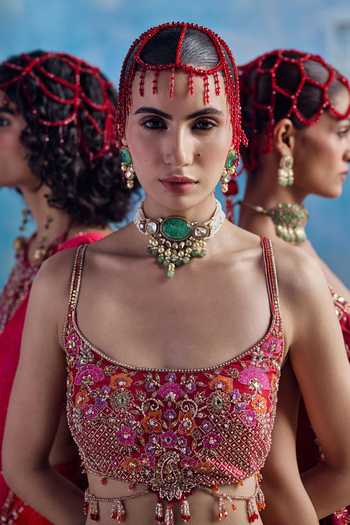 Shop Show Shaa Red Organza, Chanderi Round Neck Rani Bagh Printed Lehenga Set Online at Aza Fashions Shop_Show Shaa_Red Organza, Chanderi Round Neck Rani Bagh Printed Lehenga Set _Online_at_Aza_Fashions