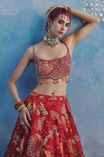 Show Shaa Red Organza, Chanderi Round Neck Rani Bagh Printed Lehenga Set at Aza Fashions Show Shaa_Red Organza, Chanderi Round Neck Rani Bagh Printed Lehenga Set _at_Aza_Fashions