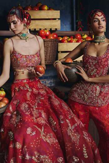 Shop Show Shaa Red Organza, Chanderi Round Neck Rani Bagh Printed Lehenga Set Shop_Show Shaa_Red Organza, Chanderi Round Neck Rani Bagh Printed Lehenga Set
