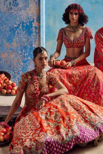 Show Shaa_Orange Organza, Chanderi Sweetheart Naurang Printed And Embroidered Lehenga Set _Online_at_Aza_Fashions