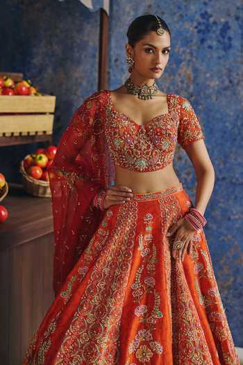 Buy_Show Shaa_Orange Organza, Chanderi Sweetheart Naurang Printed And Embroidered Lehenga Set _Online_at_Aza_Fashions