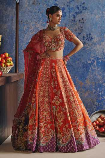 Shop_Show Shaa_Orange Organza, Chanderi Sweetheart Naurang Printed And Embroidered Lehenga Set _Online_at_Aza_Fashions