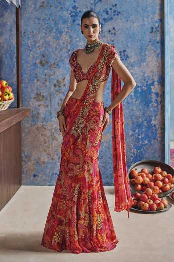 Show Shaa Lavanya Printed Pre-Draped Saree With Blouse 