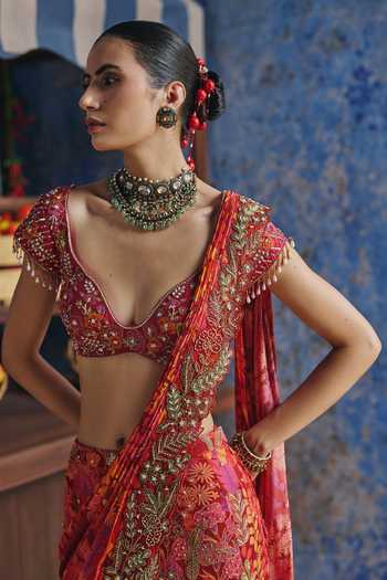 Buy_Show Shaa_Pink Chanderi, Chinon Sweetheart Lavanya Printed Pre-draped Saree With Blouse _Online_at_Aza_Fashions