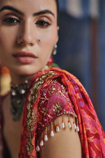 Show Shaa_Pink Chanderi, Chinon Sweetheart Lavanya Printed Pre-draped Saree With Blouse _at_Aza_Fashions