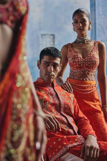 Show Shaa_Orange Organza, Chanderi Bahar Jacket And Printed Pant Set _Online_at_Aza_Fashions